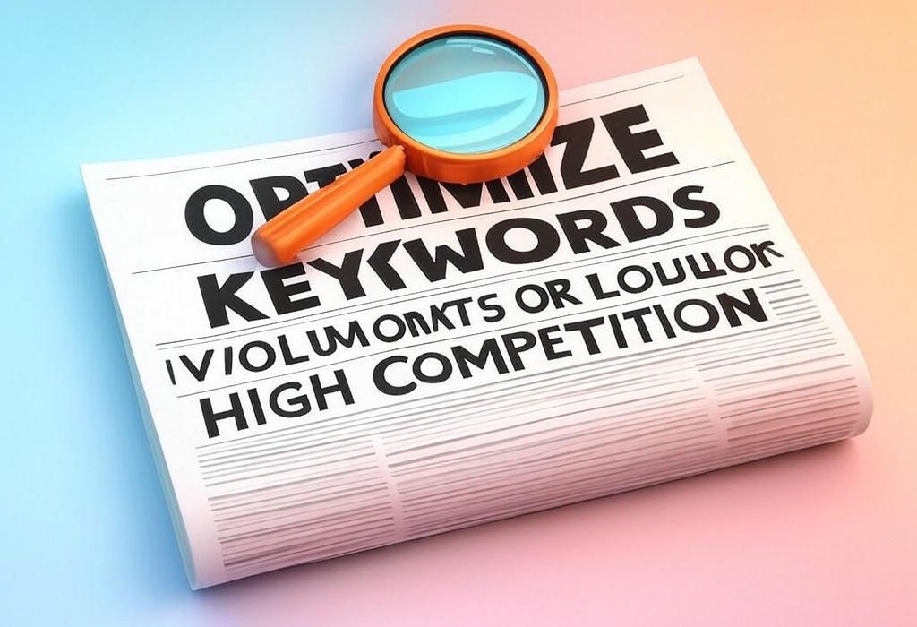 A newspaper and a magnifying glass with a vivid gradient background exploring the topic of Optimize keywords: High volume or high competition? The surprising answer might change your whole SEO game. Find out now!